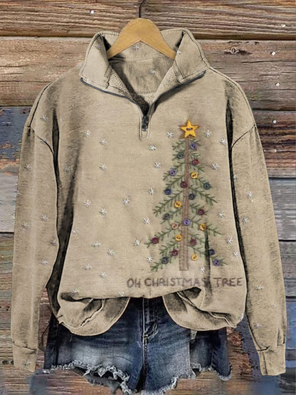 Retro Christmas Tree Casual Zip Sweatshirt