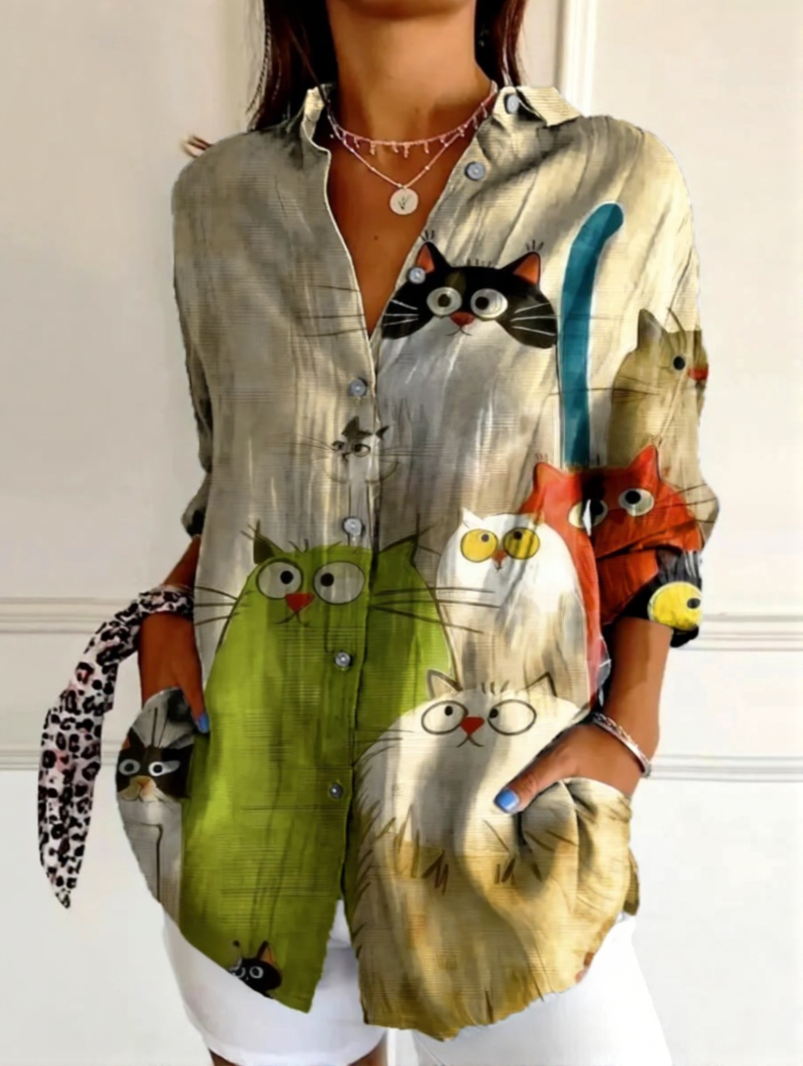 Women's Cute Cat Art Print Casual 3/4 Sleeve Shirt