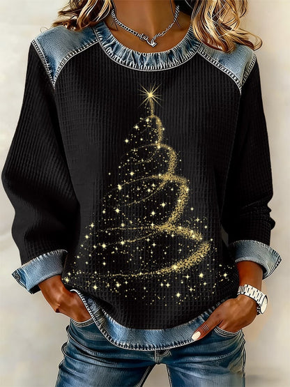 Retro Golden Christmas Tree Print Sweatshirt