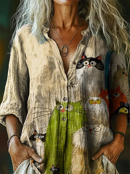 Women's Cute Cat Art Print Casual 3/4 Sleeve Shirt