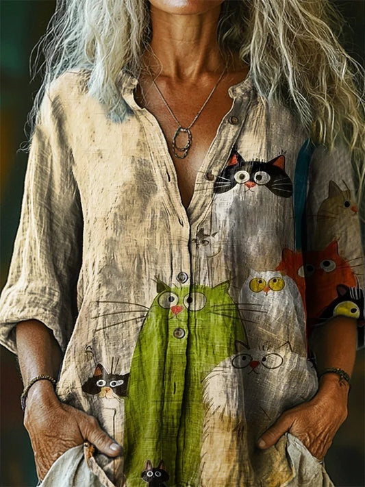 Women's Cute Cat Art Print Casual 3/4 Sleeve Shirt