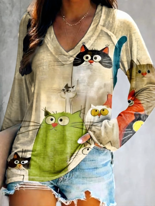 Women's Cute Cat Art Print Casual Long Sleeve V-Neck Top