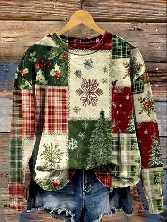 Vintage Christmas Patchwork Art Print Casual Sweatshirt