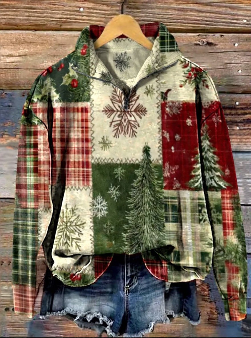 Vintage Christmas Patchwork Art Print Casual Sweatshirt