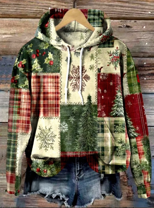Vintage Christmas Patchwork Art Print Casual Hoodie