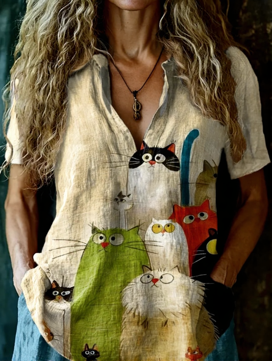 Women's Cute Cat Art Print Casual Short Sleeve Shirt