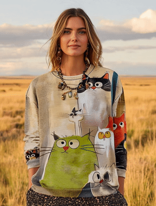 Women's Cute Cat Art Print Casual 3/4 Sleeve Shirt