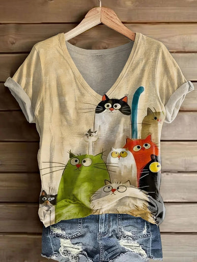 Women's Cute Cat Art Print Casual T-Shirt