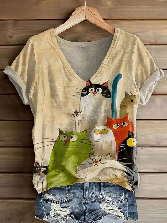Women's Cute Cat Art Print Casual T-Shirt
